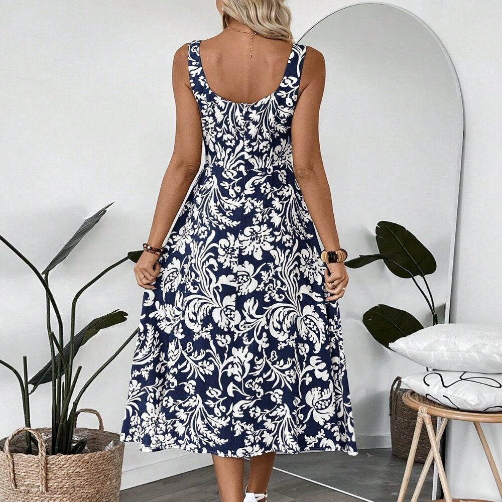 Blue Boho Women's Floral Square Neck Sleeveless Midi Dress - Picture 2 of 7